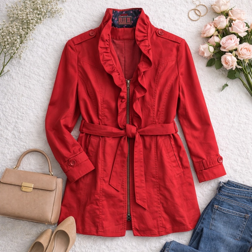 ELLE Red Ruffle Front Trench‎ Jacket Belted XL Cotton Blend Chic Coat